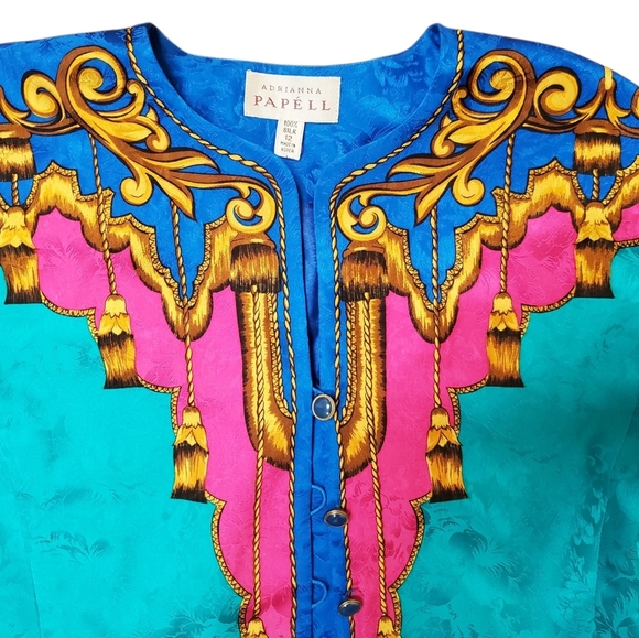 Vntg Adrianna Papell Green and Gold 100% Silk Jacket. 12 - Picture 4 of 10